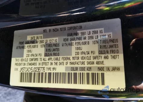 2018 Mazda Cx-9 Touring z USA, uszkodzony, nr VIN JM3TCACY5J0236776